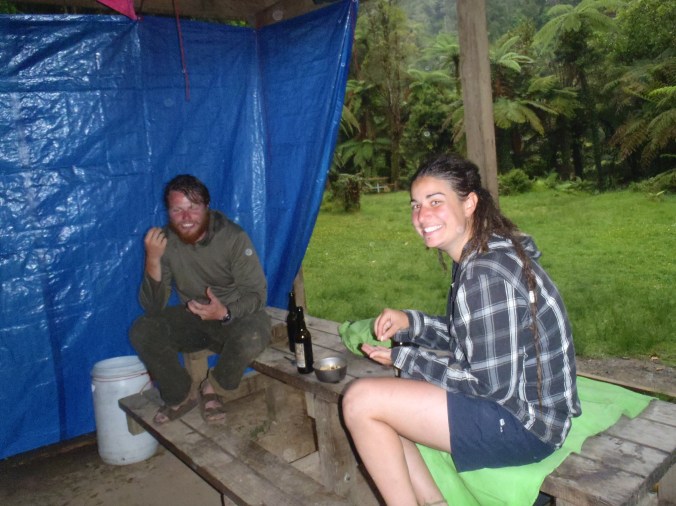 Emilie and Clay staying warm and dry during the monsoon.