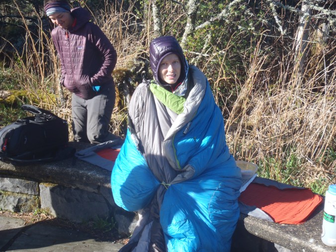 Lindsay bundled up, smiling through the face of adversity after dislocating her tailbone.