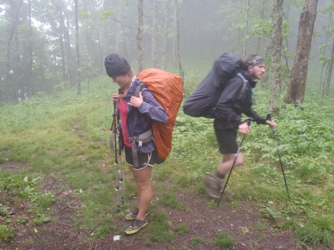 Lindsay and George hiking in the rain, good friends make the bad days better.