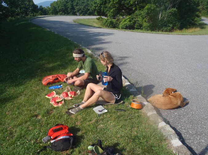 Lindsay and Gully eating some trail-magic watermelon. Hooray!