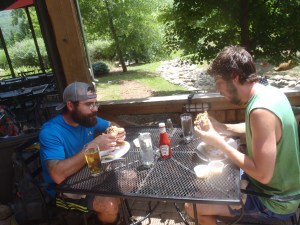 Turtle and Bullfrog getting down on some Devil's Backbone Brewery burgers