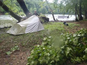 Our tent after straightening the poles. We would've had a picture of the branch on it... except for the fact that our camera was in the tent UNDER the branch!