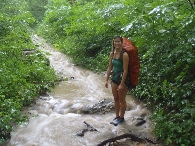 Lindsay standing on the official Appalachian Trail... which became a stream because of rain