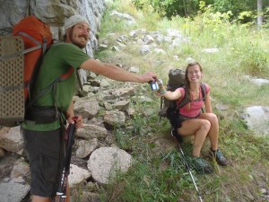 Fern Gully and Lindsay enjoying a trail magic brew in the Franconia Notch