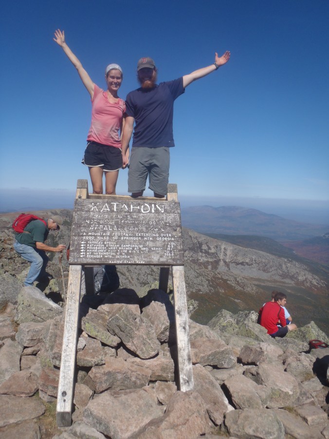 Clay and Lindsay at the top of Mt Katahdin, the northern terminus of the Appalachian Trail